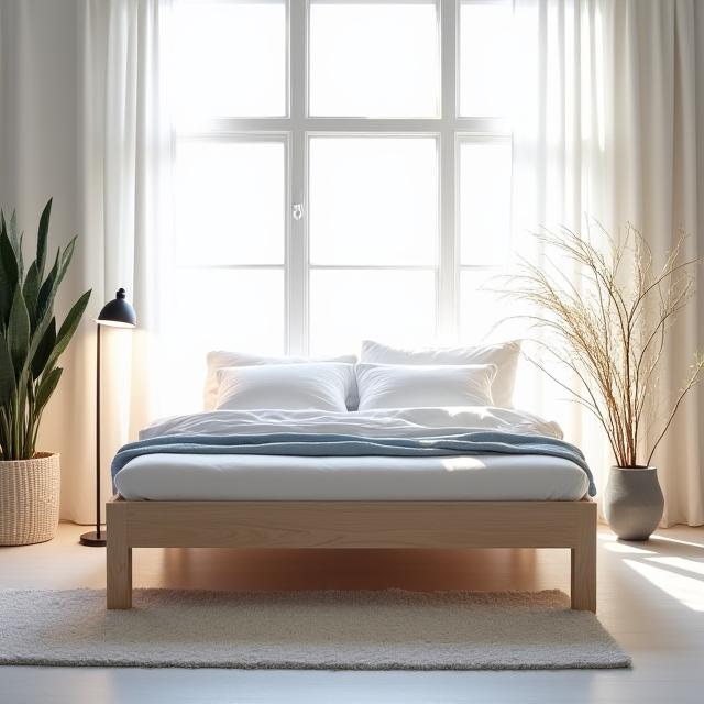 Cama de casal 'Atlântico' com estrutura em madeira de freixo clara, integrada num quarto minimalista com luz natural, evocando a serenidade do oceano.