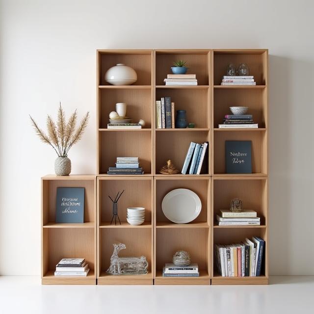 Estante modular 'Chiado' alta em carvalho, exibindo vários livros e objetos decorativos, refletindo a versatilidade e a cultura do Chiado.