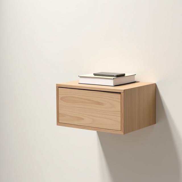 Mesa de cabeceira 'Luz' de design cúbico simples com uma gaveta, suspensa na parede, capturando a essência da luminosidade e funcionalidade.