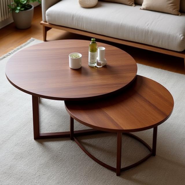 Conjunto de duas mesas de centro redondas 'Bica' em nogueira, sobrepostas, com um design que evoca a dinâmica das ruas lisboetas.