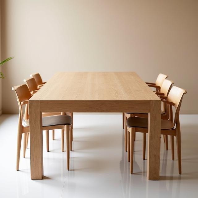 Mesa de jantar de carvalho maciço 'Tejo' com um design minimalista, rodeada por cadeiras modernas, num ambiente luminoso.