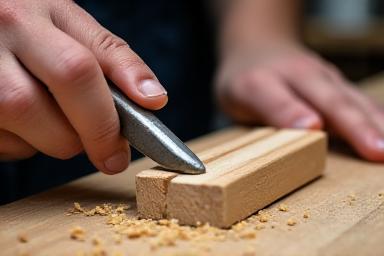 Mãos de um artesão a usar um formão numa peça de madeira, detalhe do trabalho manual e preciso.